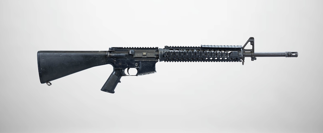 A M16A4 Rifle displayed at a National Museum of the Marine Corps storage facility, Marine Corps Base Quantico, Virginia, July 1, 2025.  (U.S. Marine Corps photo illustration by Sgt. James Stanfield)