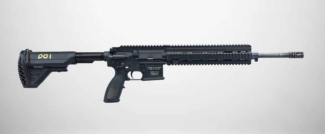 A M27 Infantry Automatic Rifle displayed at a National Museum of the Marine Corps storage facility, Marine Corps Base Quantico, Virginia, July 1, 2025.  (U.S. Marine Corps photo illustration by Sgt. James Stanfield)