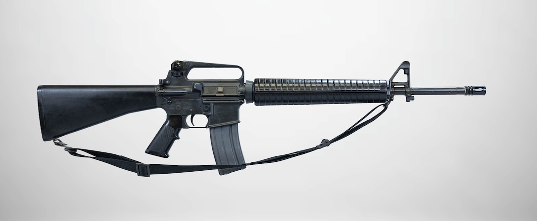 A M16A2 Rifle displayed at a National Museum of the Marine Corps storage facility, Marine Corps Base Quantico, Virginia, July 1, 2025.  (U.S. Marine Corps photo illustration by Sgt. James Stanfield)