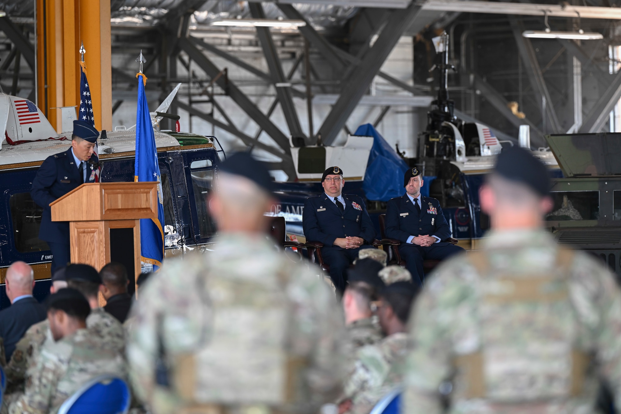 U.S. Air Force Col. June Oh, 316th Wing and installation commander, delivers remarks during the 316th Security Forces Group change of command ceremony at Joint Base Andrews, Md., July 3, 2025. The ceremony marked the formal transition of leadership within the unit.