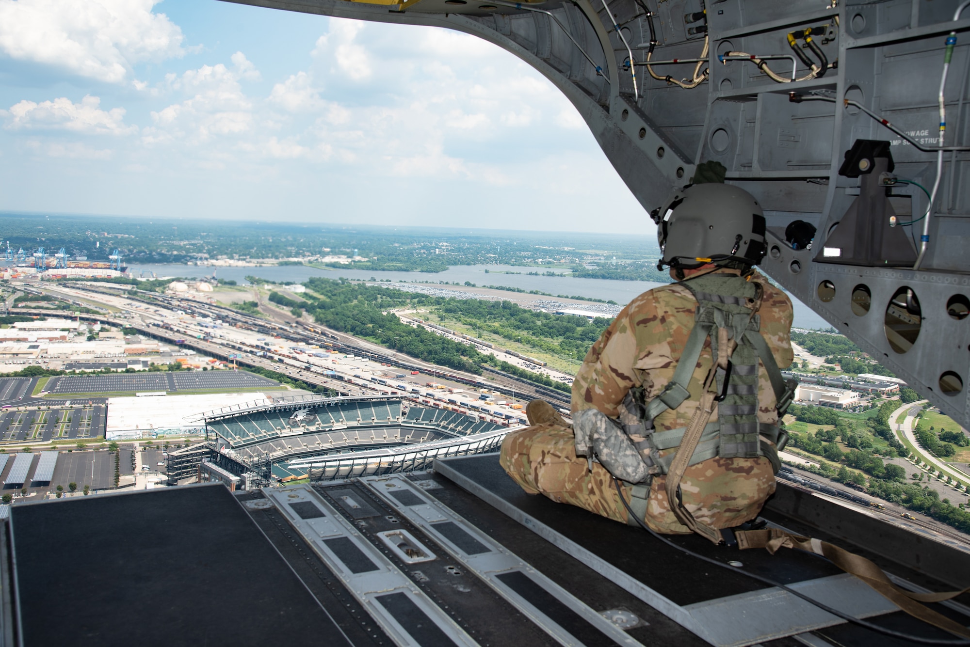 111th Attack Wing members and their employers fly with the 28th Expeditionary Combat Aviation Brigade over the Philadelphia Eagles Lincoln Financial Field during the ESGR Bosslift event held at Biddle Air National Guard Base in Horsham, Pa., June 25, 2025. The Employer Support of the Guard and Reserve (ESGR) Bosslift gave civilian employers a firsthand look at their employees’ military duties and the capabilities of the 111th Attack Wing and the Pennsylvania National Guard. (U.S. Air National Guard photo by Tech. Sgt. Timi Jones)