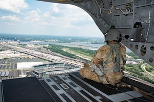 111th Attack Wing members and their employers fly with the 28th Expeditionary Combat Aviation Brigade over the Philadelphia Eagles Lincoln Financial Field during the ESGR Bosslift event held at Biddle Air National Guard Base in Horsham, Pa., June 25, 2025. The Employer Support of the Guard and Reserve (ESGR) Bosslift gave civilian employers a firsthand look at their employees’ military duties and the capabilities of the 111th Attack Wing and the Pennsylvania National Guard. (U.S. Air National Guard photo by Tech. Sgt. Timi Jones)