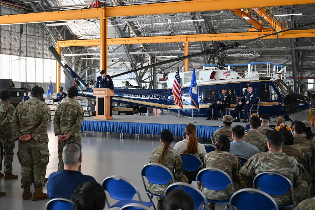 U.S. Air Force Col. Michael J. Morales, outgoing commander of the 316th Security Forces Group, delivers remarks during the unit’s change of command ceremony at Joint Base Andrews, Md., July 3, 2025. Morales relinquished command to U.S. Air Force Col. Joseph A. Bincarousky Sr. after leading the group since June 24, 2022.