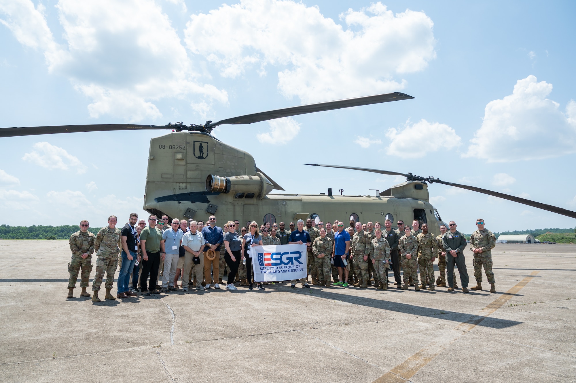 111th Attack Wing members and their employers pose for a group photo during the ESGR Bosslift event at Biddle Air National Guard Base in Horsham, Pa., June 25, 2025. The Employer Support of the Guard and Reserve (ESGR) Bosslift gave civilian employers a firsthand look at their employees’ military duties and the capabilities of the 111th Attack Wing and the Pennsylvania Air National Guard. (U.S. Air National Guard photo by Airman 1st Class Matthew Bergh)