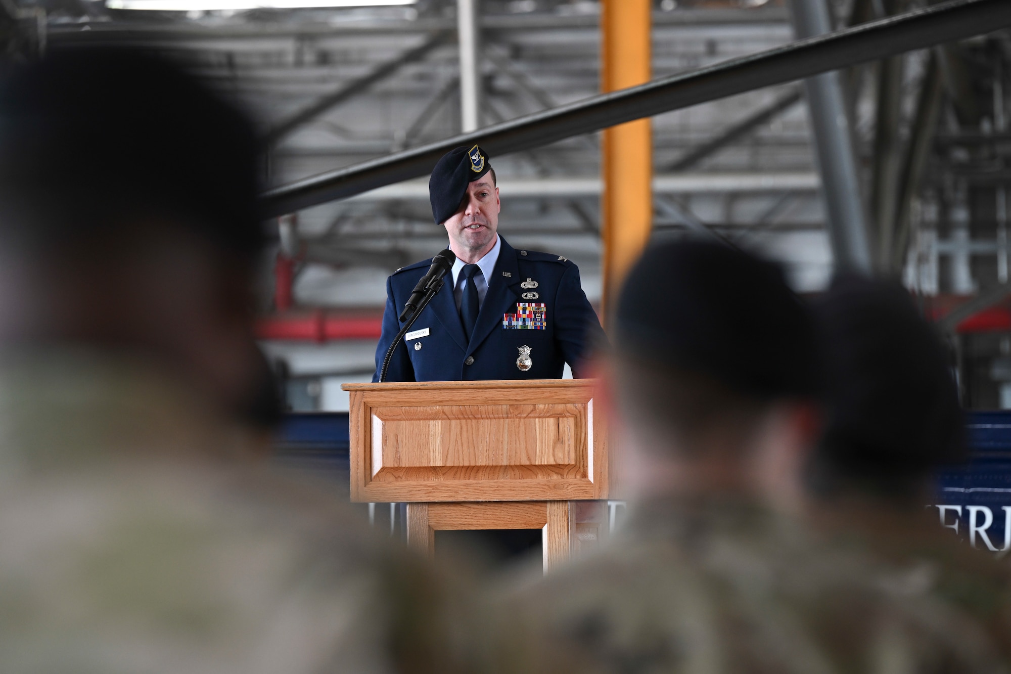 U.S. Air Force Col. Joseph A. Bincarousky Sr., 316th Security Forces Group commander, delivers remarks during the unit’s change of command ceremony at Joint Base Andrews, Md., July 3, 2025. Bincarousky assumed command from U.S. Air Force Col. Michael J. Morales