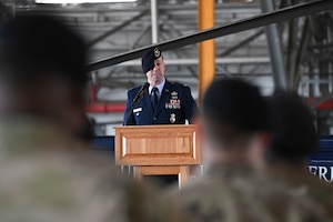 U.S. Air Force Col. Joseph A. Bincarousky Sr., 316th Security Forces Group commander, delivers remarks during the unit’s change of command ceremony at Joint Base Andrews, Md., July 3, 2025. Bincarousky assumed command from U.S. Air Force Col. Michael J. Morales