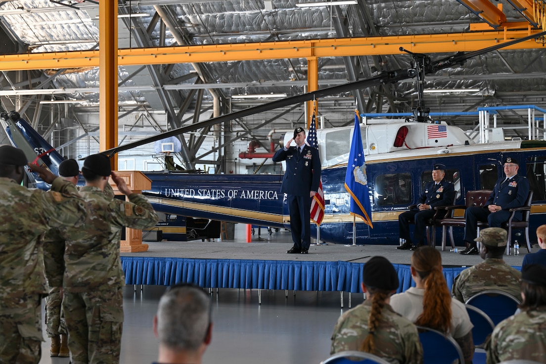 U.S. Air Force Col. Joseph A. Bincarousky Sr., 316th Security Forces Group commander, renders his first salute during the unit’s change of command ceremony at Joint Base Andrews, Md., July 3, 2025. The 316 SFG is responsible for safeguarding the installation and its high-value assets, including the Air Force One complex, which is valued at more than $6.1 billion.