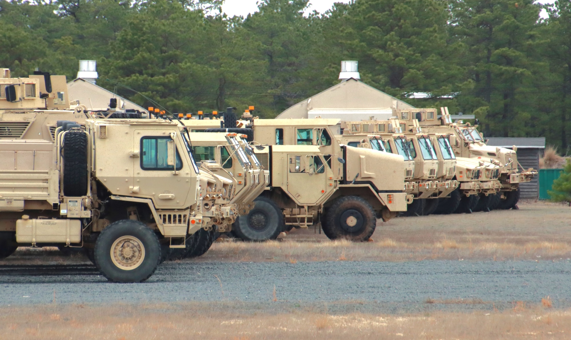 Dozens of vehicles move into the Contingency Operating Location at ASA Fort Dix in preparation for MOBEX. The 1st Army, 174th IN BDE, and ASA Fort Dix are conducting a Level II Mobilization Exercise (MOBEX) from 27 MAR – 3 MAY 2025.  The MOBEX is designed to validate the ASA Fort Dix Mobilization Force Generation Installation (MFGI) mission. (Image provided by the USASA Fort Dix Training Division / Steven Roussel)