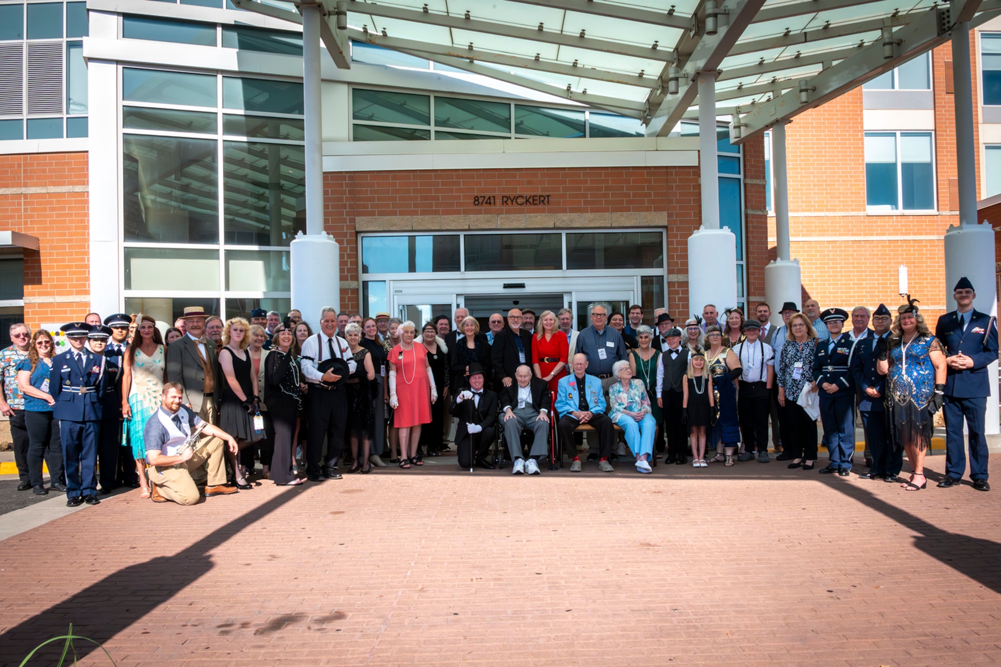 Attendees at the 307th Bombardment Group’s 33rd Reunion pose for a group photo in Kansas City, Kansas, July 2, 2025.