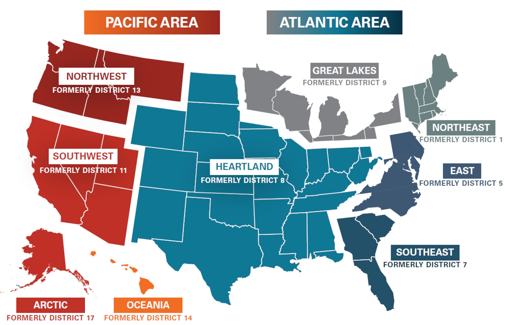 Map of new U.S. Coast Guard districts.