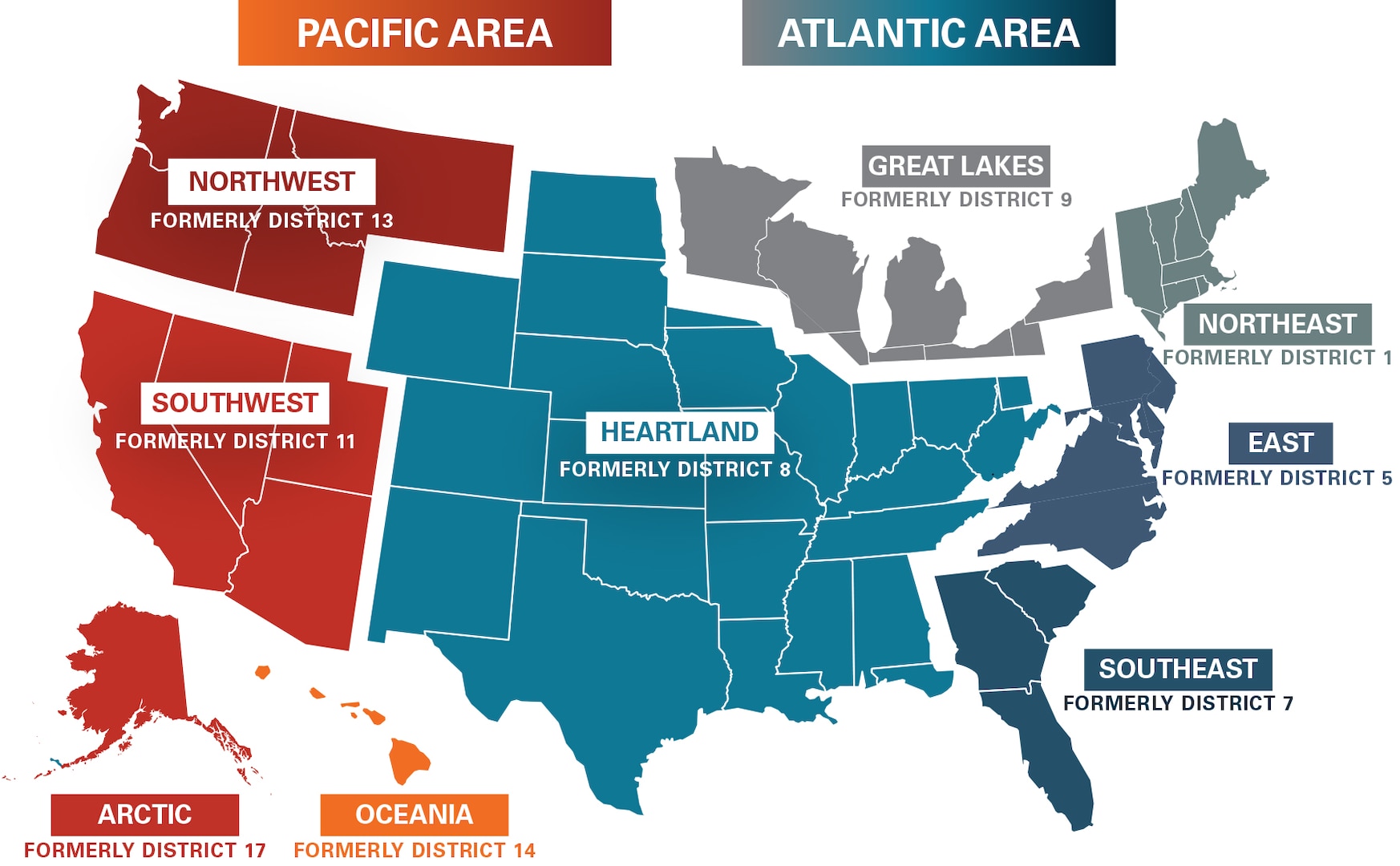 Map of new U.S. Coast Guard districts.