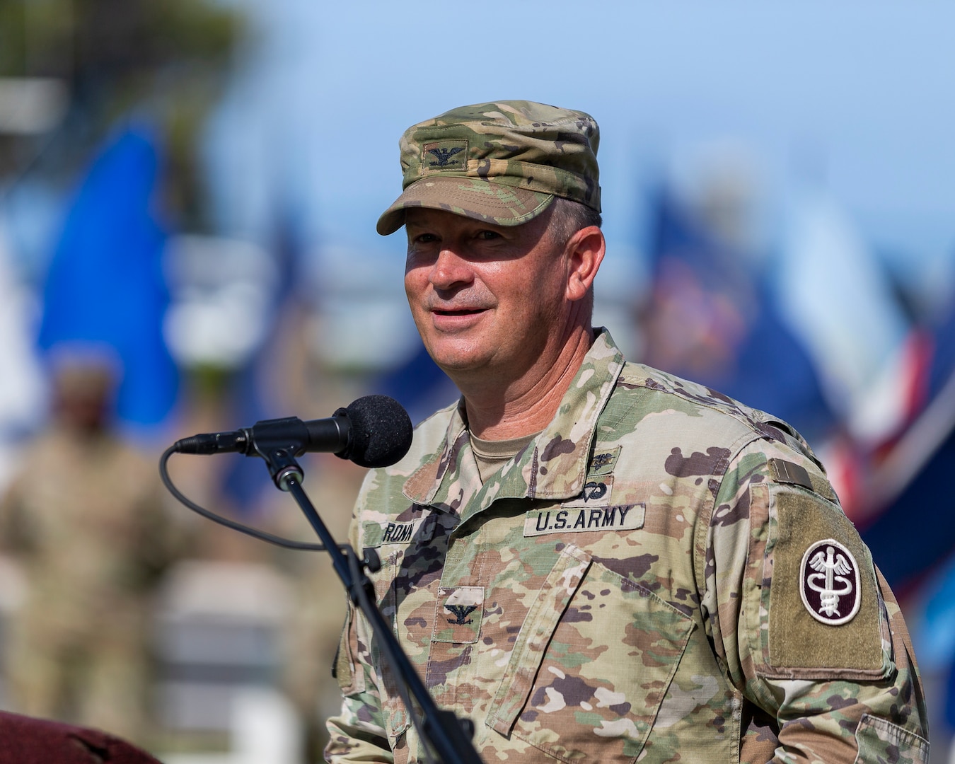 U.S. Army Col. Michael Ronn, Tripler Army Medical Center outgoing commander, gives his remarks during the change of command ceremony for Tripler Army Medical Center, Honolulu, Hawaii, June 30, 2025.