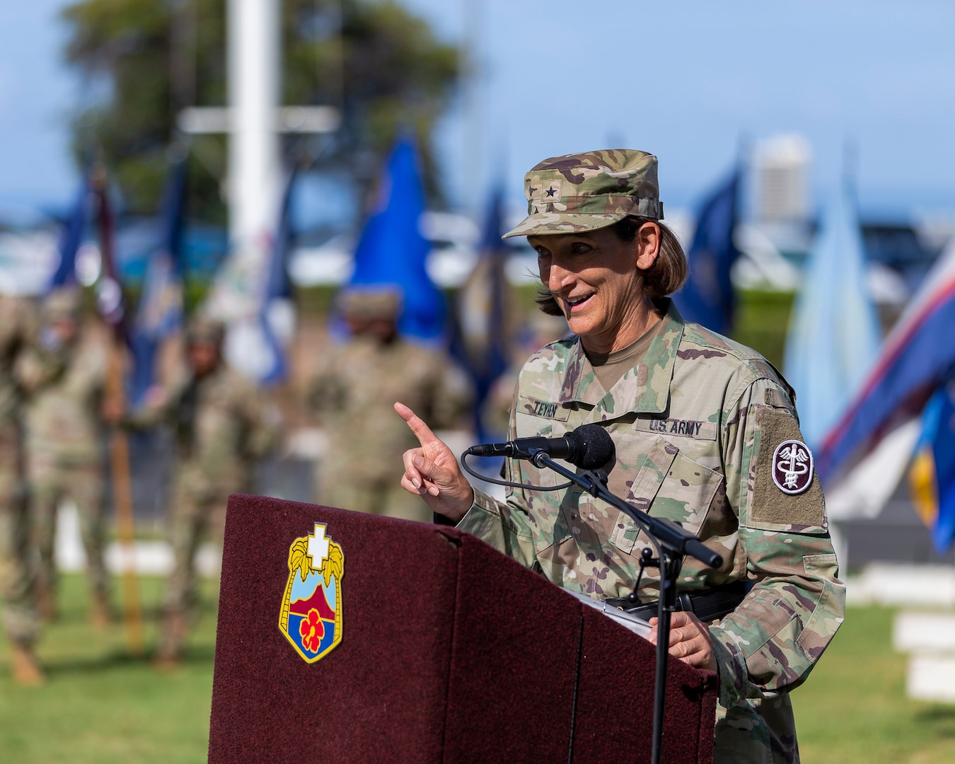 U.S. Army Brig. Gen. Deydre Teyhen, commanding general, Medical Readiness Command, Pacific, and director, Defense Health Network Indo-Pacific, delivers remarks during the Tripler Army Medical Center change of command ceremony June 30, 2025.