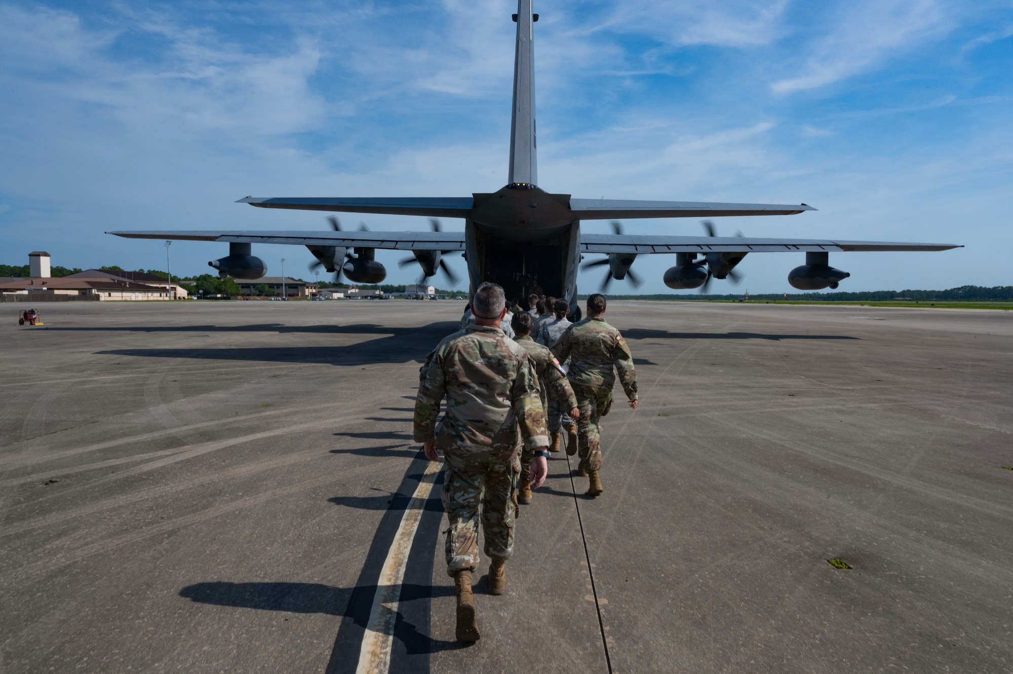 U.S. Air Force Junior ROTC cadets board an MC-130J Commando II assigned to the 1st Special Operations Wing at Hurlburt Field, Florida, June 25, 2025.