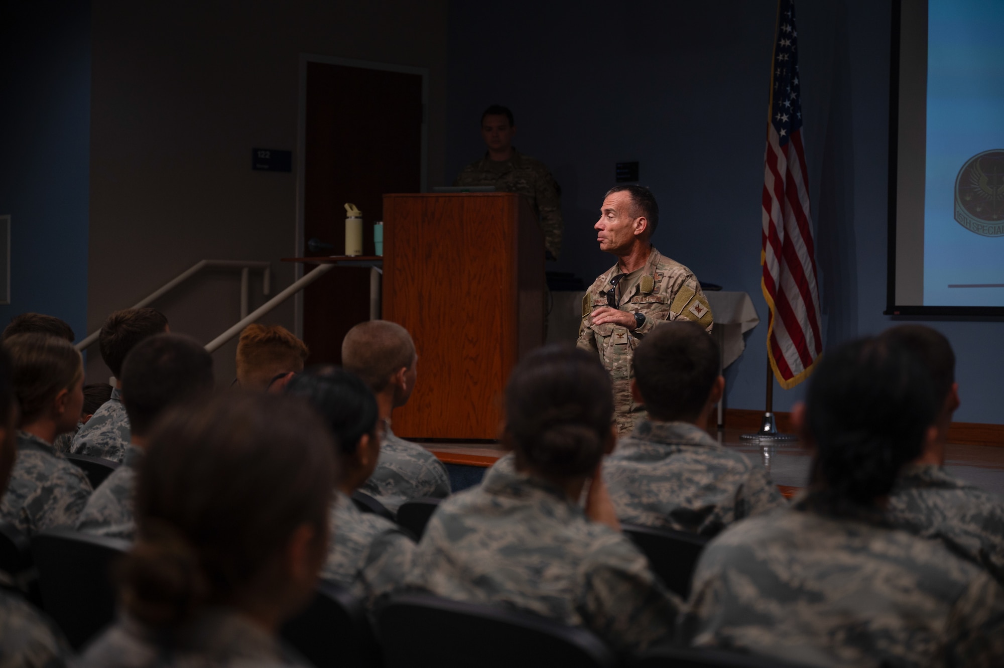 Retired U.S. Air Force Col. Kenneth Rodriguez speaks with Air Force Junior ROTC cadets during a Summer Leadership School event at Hurlburt Field, Florida, June 25, 2025.