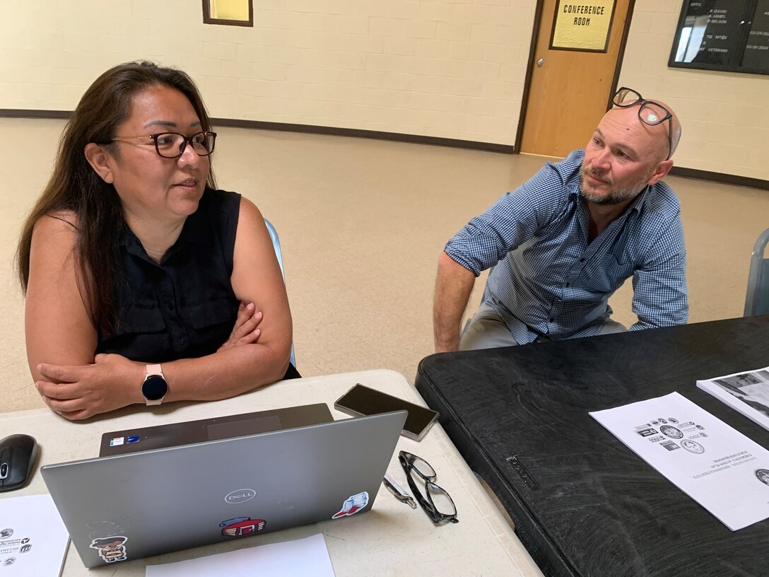 Navajo Nation Birdsprings Chapter President Mitzi Begay and Los Angeles District Floodplain Management Services Planning Chief Joel Pliskin discuss potential projects before a flood-response tabletop exercise May 30 in Birdsprings, Arizonia