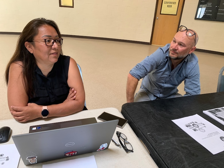 Navajo Nation Birdsprings Chapter President Mitzi Begay and Los Angeles District Floodplain Management Services Planning Chief Joel Pliskin discuss potential projects before a flood-response tabletop exercise May 30 in Birdsprings, Arizonia