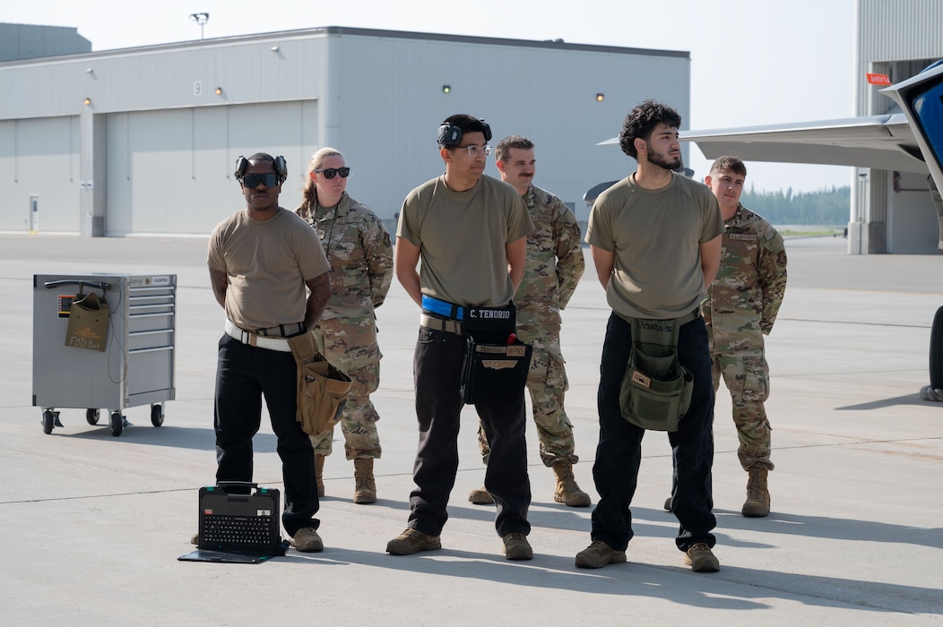 U.S. Air Force Airmen from the 355th Fighter Generation Squadron prepare for the second quarter load competition at Eielson Air Force Base, Alaska, July 3, 2025.