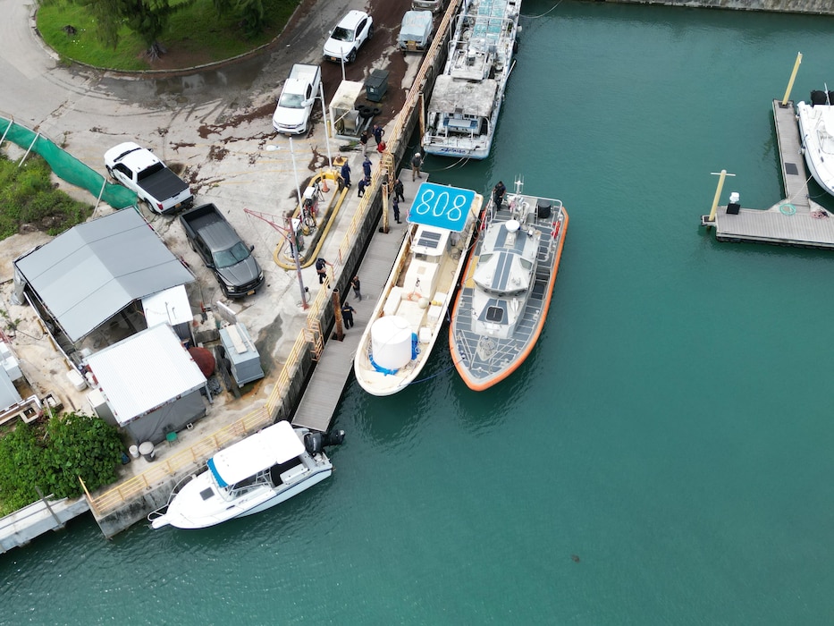The U.S. Coast Guard, in close collaboration with the Guam Customs and Quarantine Agency, safely moor the 47-foot motor vessel Lucky Harvest in Agana Boat Basin after a tow from offshore on July 1, 2025.