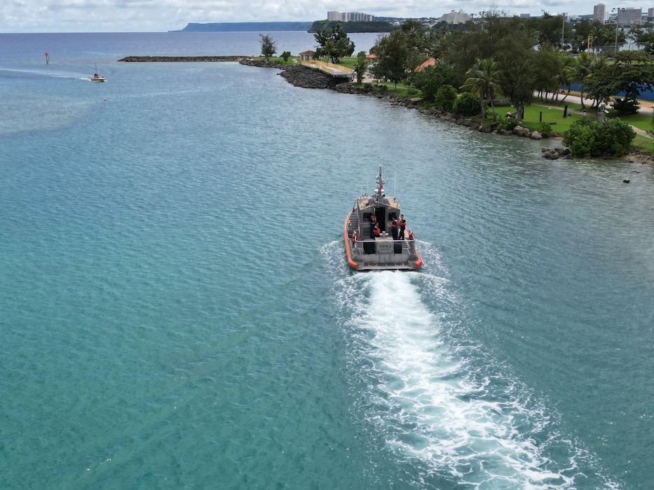A U.S. Coast Guard 45-foot Response Boat-Medium crew from Station Apra Harbor departs Agana Boat Basin after safely mooring the 47-foot motor vessel Lucky Harvest following a tow from offshore on July 1, 2025.