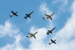 An aircraft formation with T-1 Jayhawk, T-38 Tallon, and T-6 Texas II's fly over the west flightline during the 2024 Great Texas Air Show, Apr. 22, 2024, as Joint Base San Antonio-Randolph, Texas. (U.S. Air Force photo by Sean Worrell)