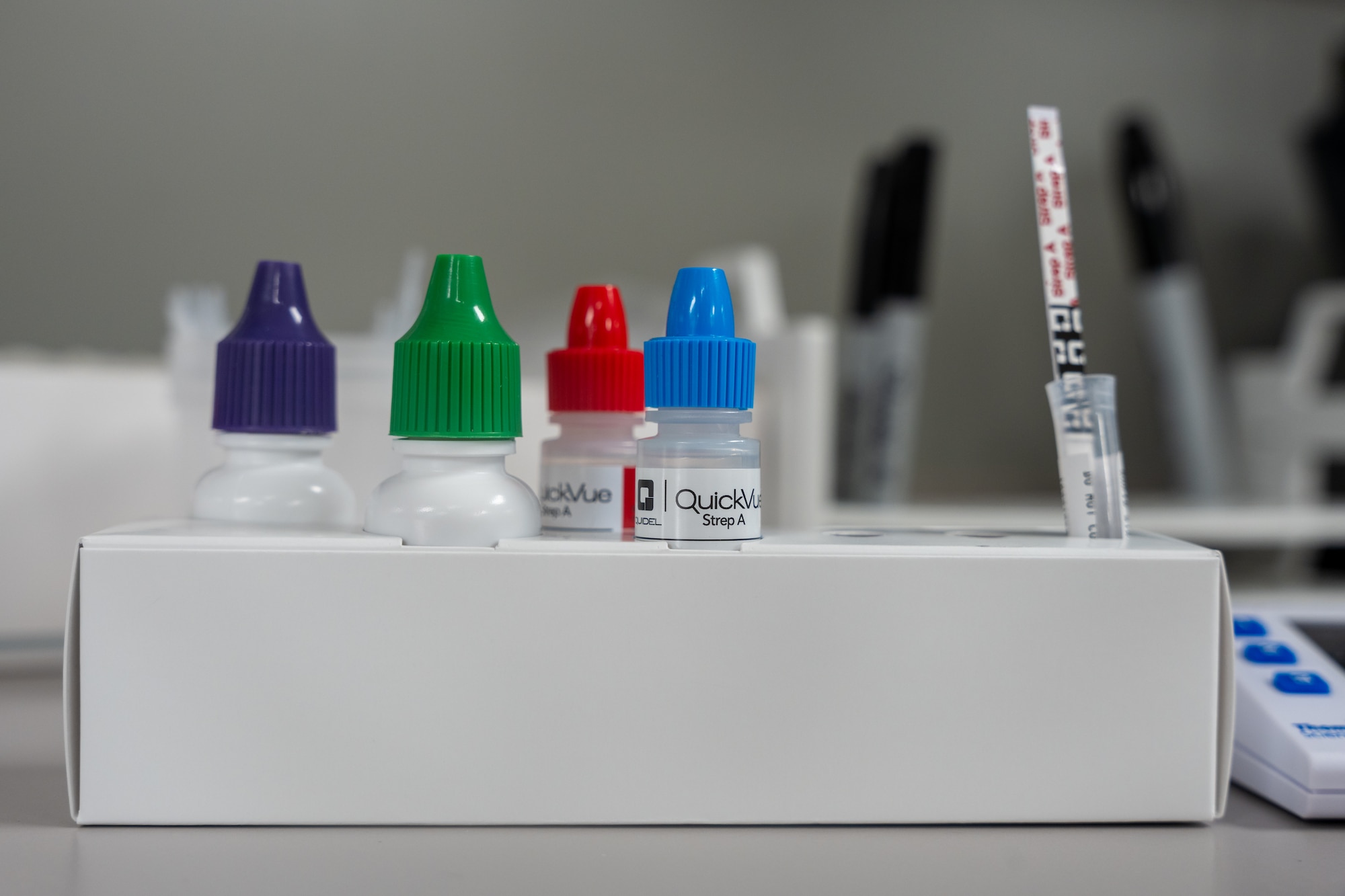 A group A Streptococcal test is shown in the medical laboratory at Whiteman Air Force Base, Missouri, April 22, 2025. The medical laboratory at Whiteman AFB provides testing and analysis of blood and other specimens for Airmen, retirees and dependents. (U.S. Air Force photo by Senior Airman Joshua Hastings)