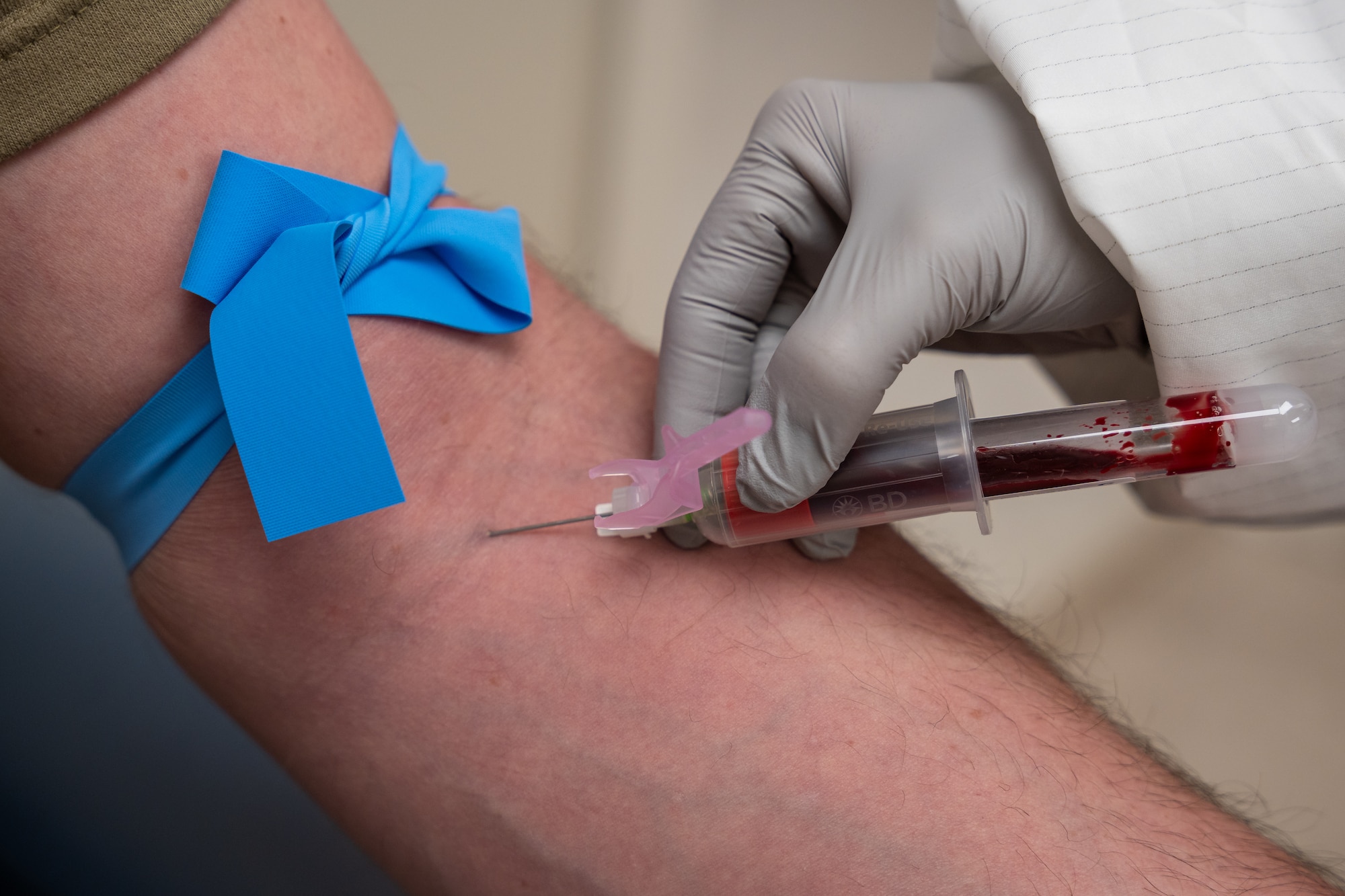 A laboratory technician assigned to the 509th Healthcare Operations Squadron draws blood from a patient at Whiteman Air Force Base, Missouri, April 22, 2025. U.S. Air Force laboratory technicians conduct essential tests on biological samples that give medical providers necessary information for preventing, diagnosing and treating disease. (U.S. Air Force photo by Senior Airman Joshua Hastings)