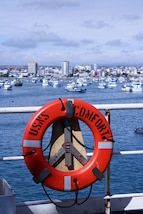 The Mercy-class hospital ship USNS Comfort (T-AH 20) arrives in Manta, Ecuador during Continuing Promise 2025, July 4, 2025. Continuing Promise 2025 is the 16th iteration of the U.S. 4th Fleet/U.S. Naval Forces Southern Command-led mission since 2007, which aims to foster goodwill, strengthen existing partnerships with partner nations, and form new partnerships between host nations, non-federal entities, and international organizations. (U.S. Army photo by Spc. Ethan McCubbins)