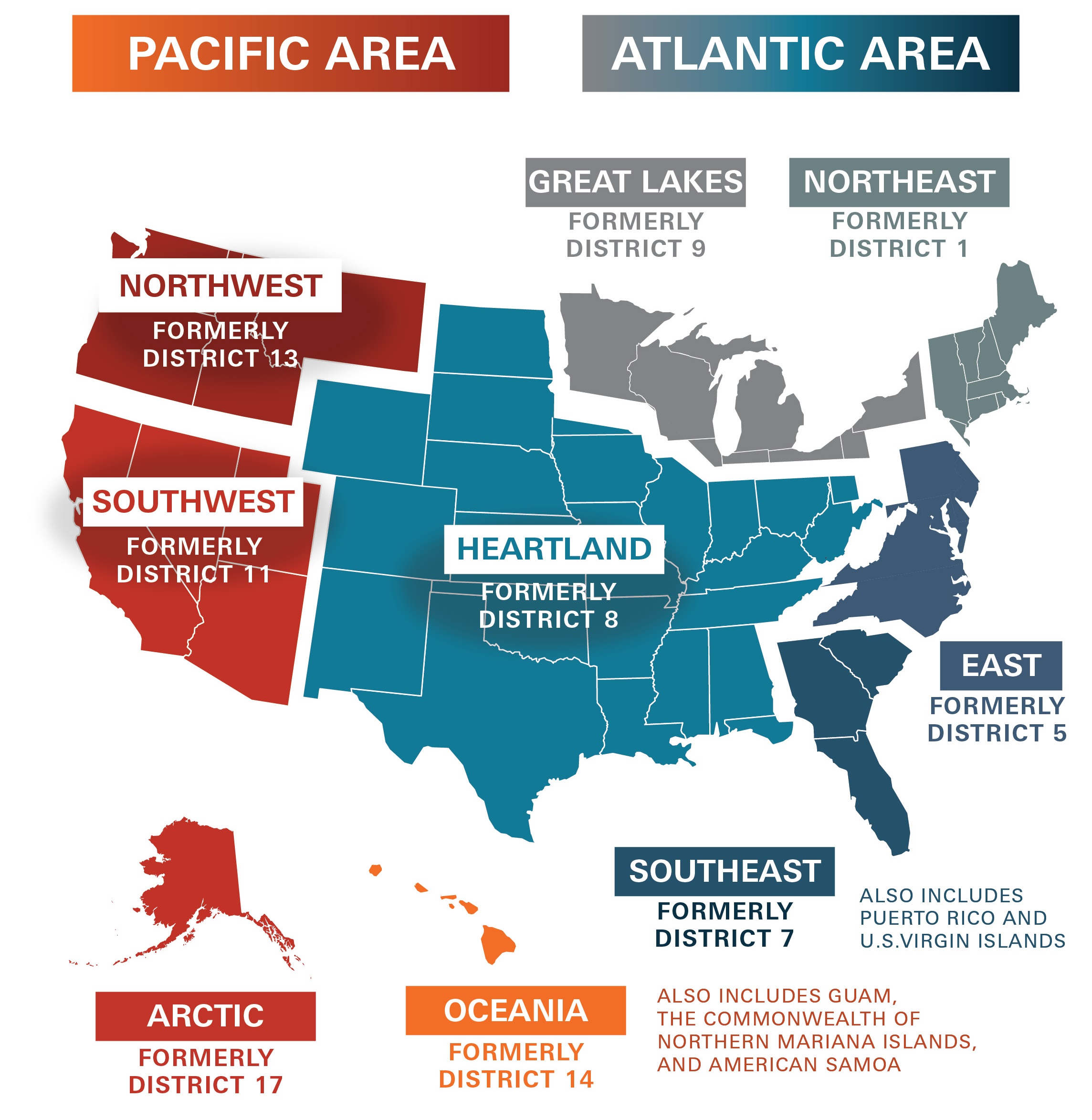 Image of a map that shows the boundries of the US Coast Guard Districts