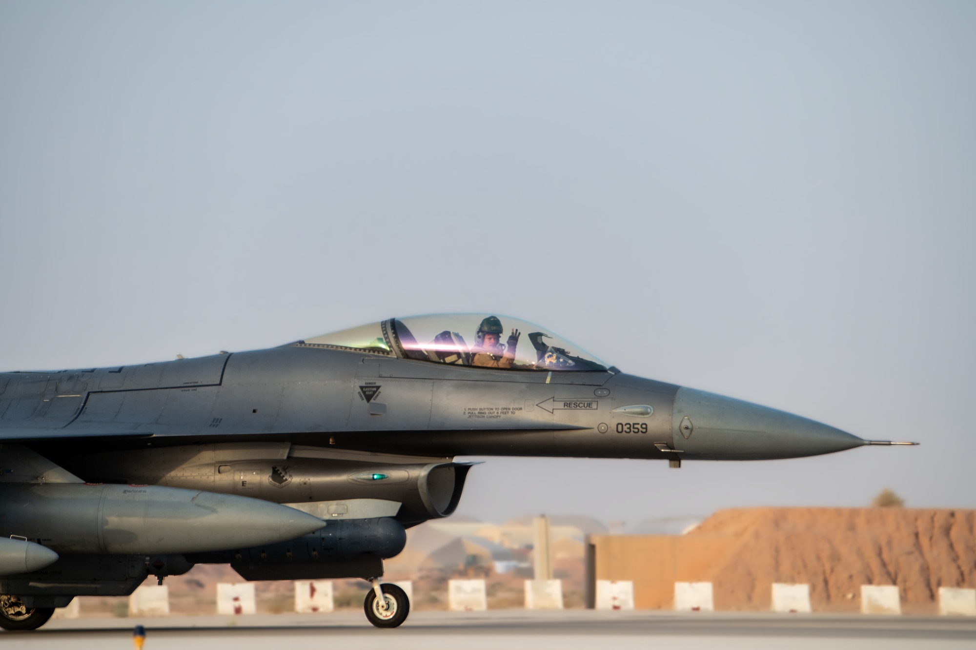 A U.S. Air Force F-16C Fighting Falcon assigned to the 555th Expeditionary Fighter Squadron taxis.