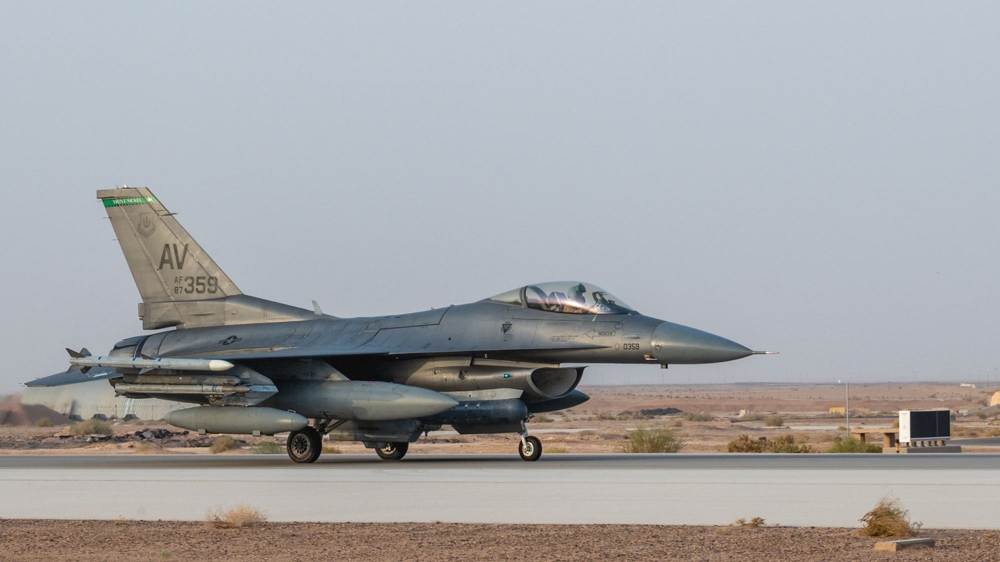 A U.S. Air Force F-16C Fighting Falcon assigned to the 555th Expeditionary Fighter Squadron taxis.