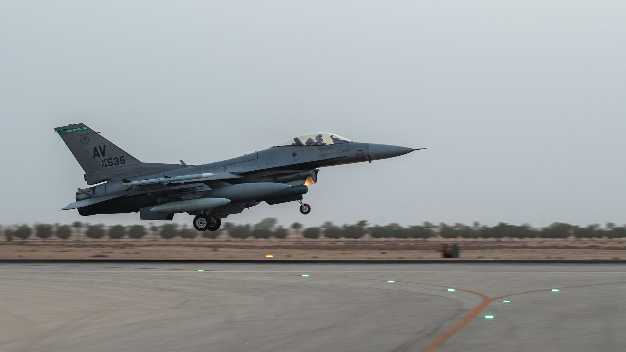 U.S. Air Force F-16C Fighting Falcon assigned to the 555th Expeditionary Fighter Squadron prepares to land.
