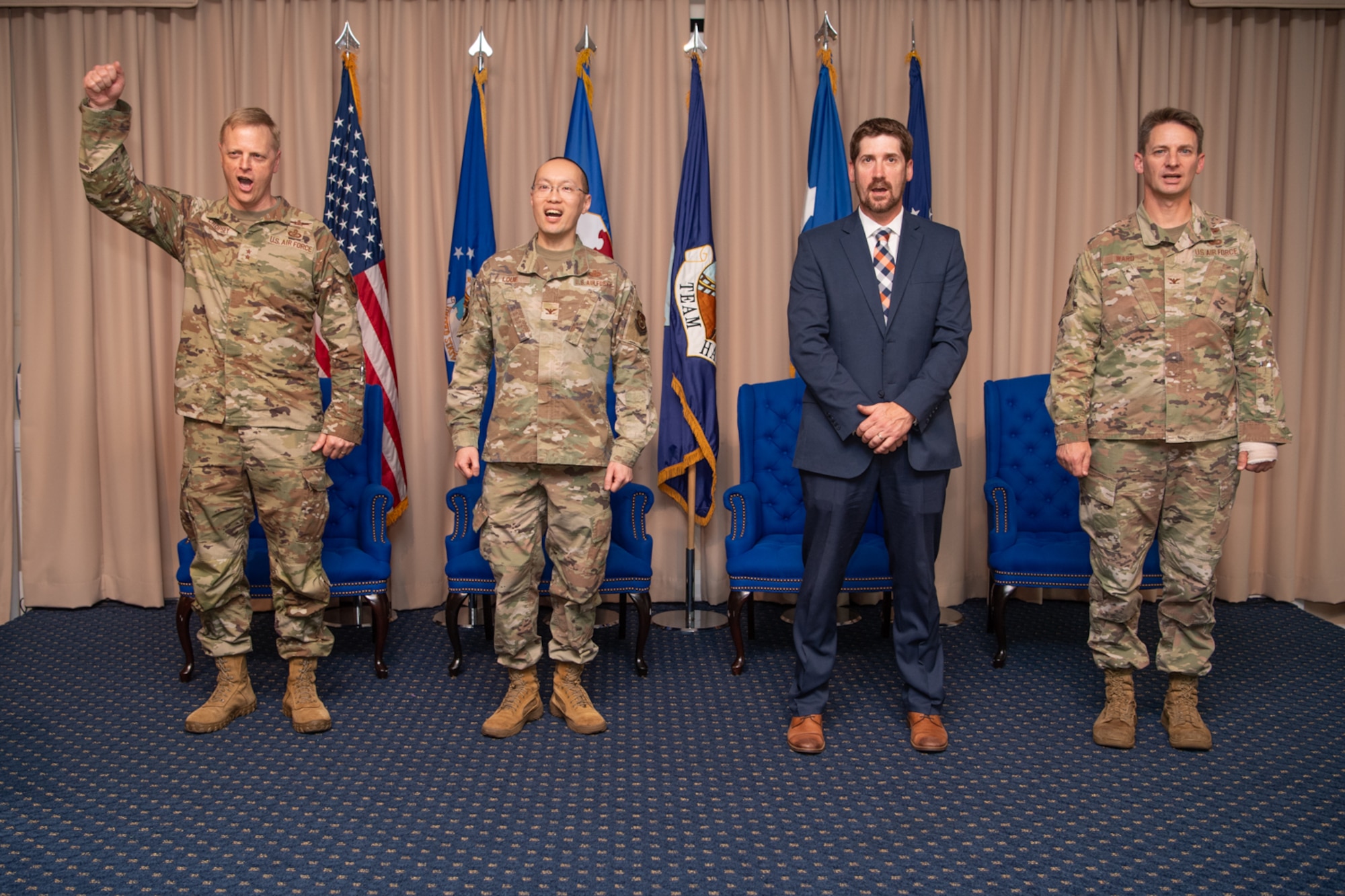 (From left to right) Maj. Gen. Luke Cropsey, Col. Alan Louie, Jeremy Thiele, and Col. Thomas Ward participate in the Aerial Networks Division change of leadership ceremony at the Hanscom Minuteman Commons, here, June 24, 2025. During the ceremony Ward relinquished his position as the division’s senior materiel leader to Louie. The division recently realigned under Department of the Air Force’s Program Executive Office for Command, Control, Communications and Battle Management. Cropsey is C3BM’s program executive officer. Thiele is the acting PEO for the DAF PEO Cyber and Networks Directorate. (Official Air Force Photo by Jerry Saslav).