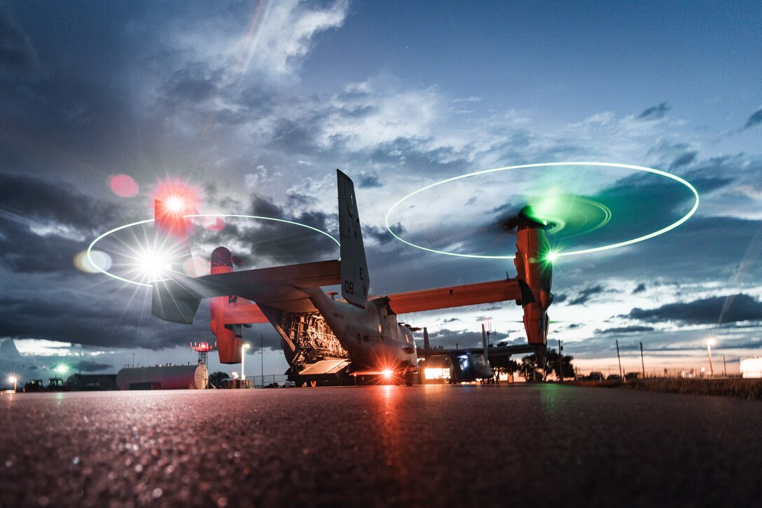 A U.S. Marine Corps MV-22 Osprey aircraft with Marine Medium Tiltrotor Squadron 261 (VMM-261) prepares to take off during a reduced visibility flight at Perry Stokes Airport, Colorado, June 23, 2025. As the aviation combat element of the Special Purpose Marine Air-Ground Task Force – Alert Contingency MAGTF (SPMAGTF-ACM), VMM-261 conducted a deployment for training to increase the squadron’s proficiency in high altitude aviation operations and improve overall combat readiness for any potential MAGTF missions. (U.S. Marine Corps photo by Cpl. Osmar VasquezHernandez)