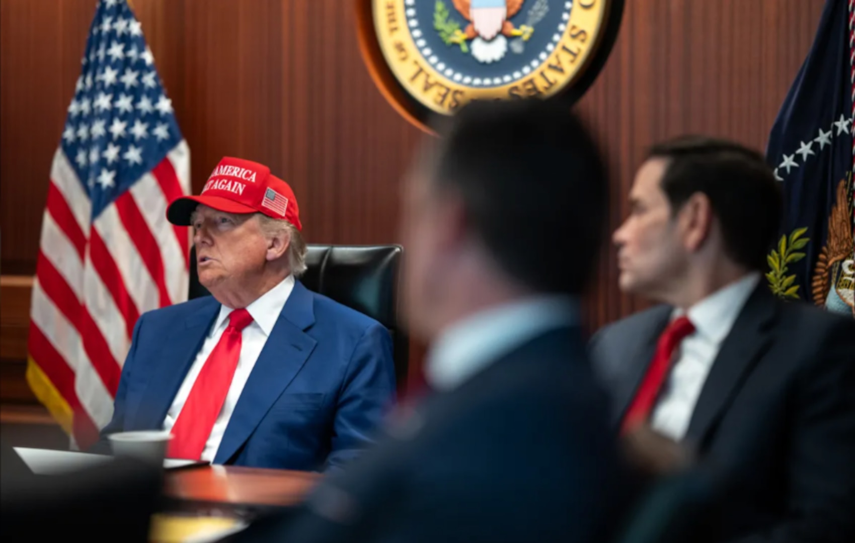 President Donald Trump sits with senior national security officials in the White House Situation Room during the U.S. operation targeting Iran's nuclear program on June 22, 2025.