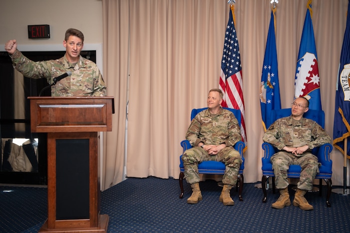Col. Thomas Ward speaks during the Aerial Networks Division’s change of leadership ceremony at the Hanscom Minuteman Commons, here, June 24, 2025. During the ceremony Ward relinquished his position as the division’s senior materiel leader to Col. Alan Louie. The division recently realigned under Department of the Air Force’s Program Executive Office for Command, Control, Communications and Battle Management. The division’s mission is to deliver, sustain and support combat-effective, multi-domain communication capabilities. (Official Air Force Photo by Jerry Saslav).