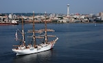 SEATTLE - The Coast Guard Cutter Barque Eagle, also known as "America's Tall Ship", arrived in Elliott Bay, Wash., today to make a one day stopover on its way to participate in the Tall Ships Tacoma 2008 event in Tacoma, Wash. The Eagle's crew has spent this summer training more than 130 Coast Guard Academy cadets and Naval Academy midshipmen. The Eagle has served as a floating classroom to future Coast Guard officers since 1946 offering fundamental leadership, teamwork and seamanship skills. (Photo by Petty Officer 3rd Class Tara Molle, U.S. Coast Guard)