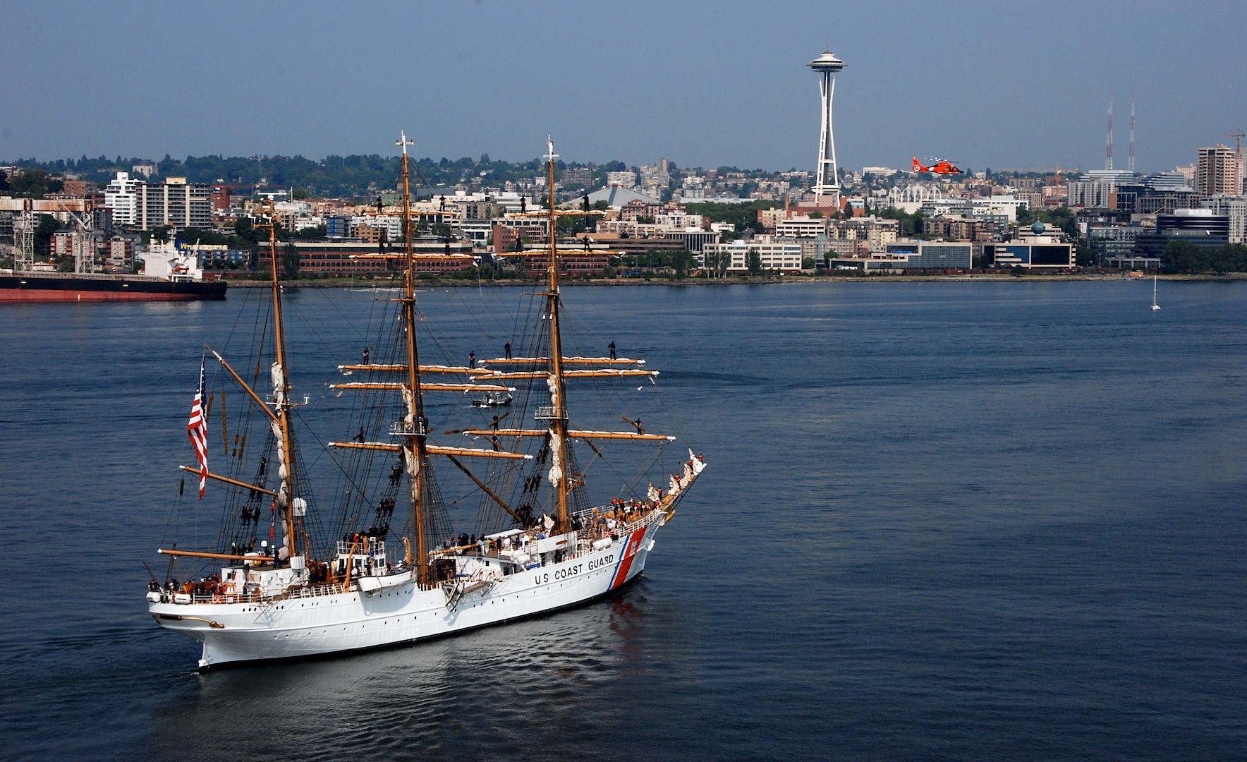SEATTLE - The Coast Guard Cutter Barque Eagle, also known as "America's Tall Ship", arrived in Elliott Bay, Wash., today to make a one day stopover on its way to participate in the Tall Ships Tacoma 2008 event in Tacoma, Wash. The Eagle's crew has spent this summer training more than 130 Coast Guard Academy cadets and Naval Academy midshipmen. The Eagle has served as a floating classroom to future Coast Guard officers since 1946 offering fundamental leadership, teamwork and seamanship skills. (Photo by Petty Officer 3rd Class Tara Molle, U.S. Coast Guard)