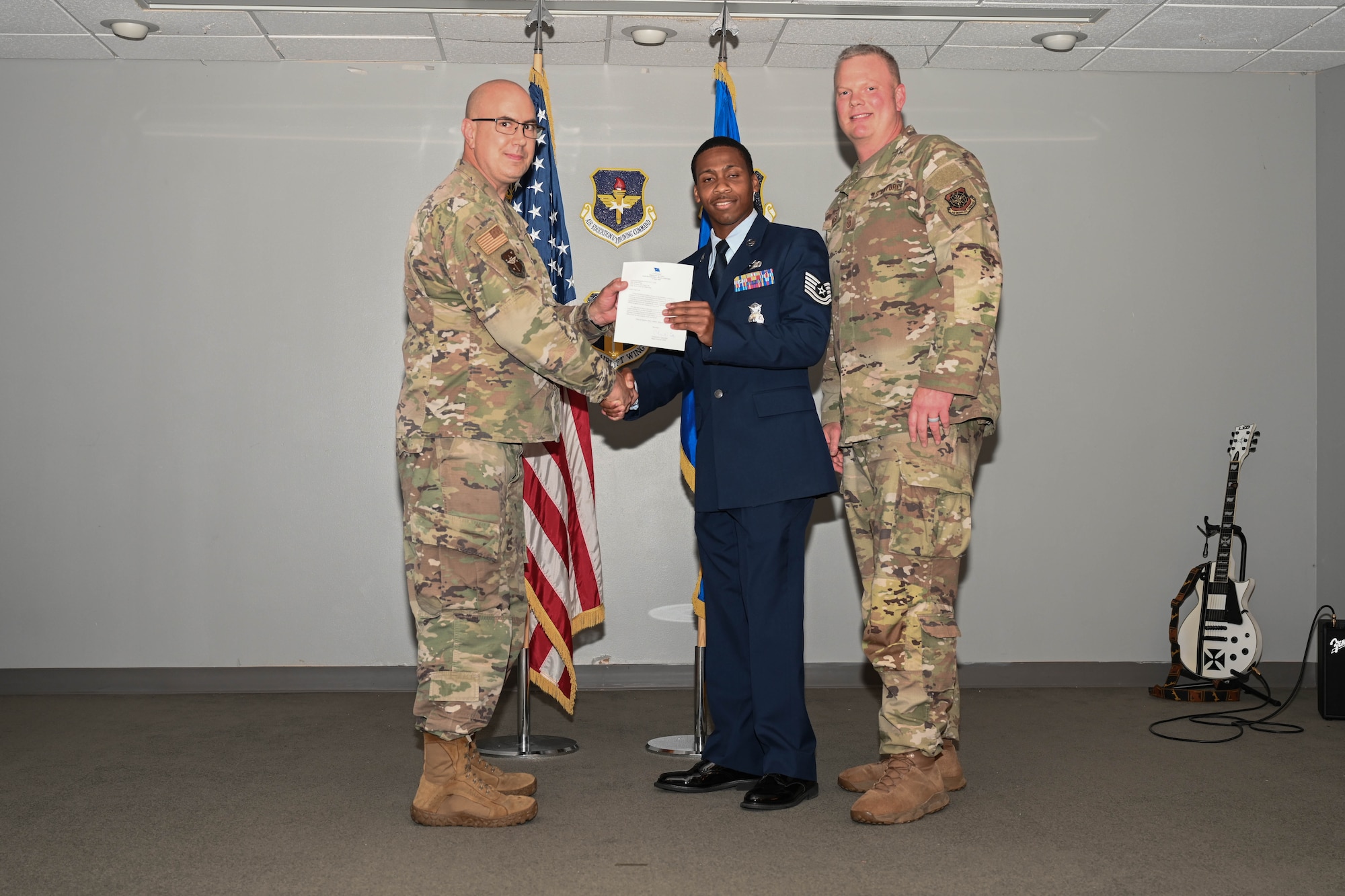 Man receives award.