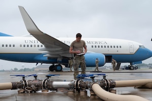 A 932nd Maintenance Group Airman provides an inventory on fuel equipment during the Quartermaster Liquid Logistics Exercise (QLLEX) at Scott Air Force Base, Illinois, June 6, 2025.  The QLLEX focused on giving Airmen valuable joint operations refueling training with active duty Air Force, U.S. Army Reserve, and Air National Guard personnel and resources. (U.S. Air Force photo by Tech. Sgt. Kari Siltz)
