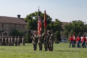 Headquarters and Headquarters Battalion, 1st Infantry Division, held a change of command ceremony on Cavalry Parade Field on Fort Riley, KS, June 10, 2025. U.S. Army Lt. Col. Derek J. Raymond transferred command to Lt. Col K. Tyler King. (U.S. Army photos by Sgt. Tyler Selige)