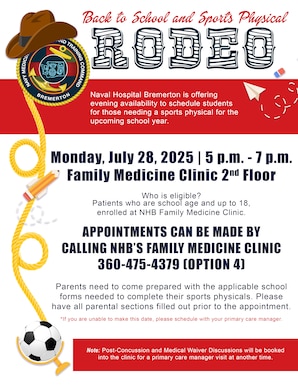 Naval Hospital Bremerton is offering evening availability to schedule students for those needing a sports physical for the upcoming school year.