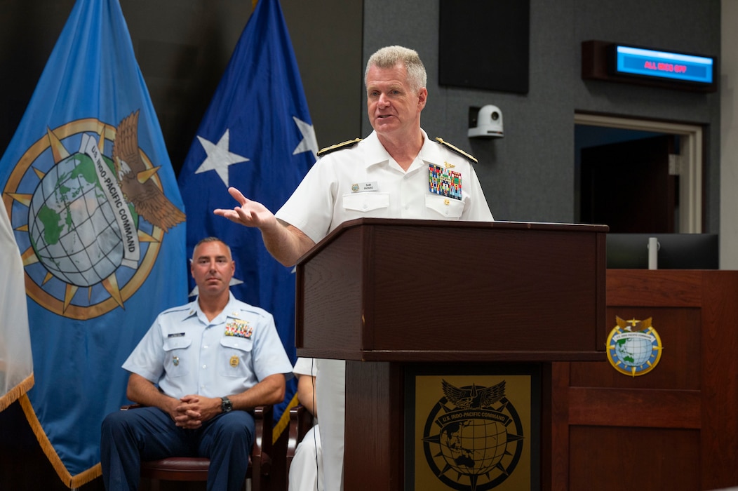 Adm. Samuel J. Paparo, commander of U.S. Indo-Pacific Command, delivers remarks during the change of command ceremony for Joint Interagency Task Force-West, where Rear Adm. Bob Little relinquishes command to Capt. George Howell. (U.S. Army photo by Staff Sgt. Angel Heraldez)