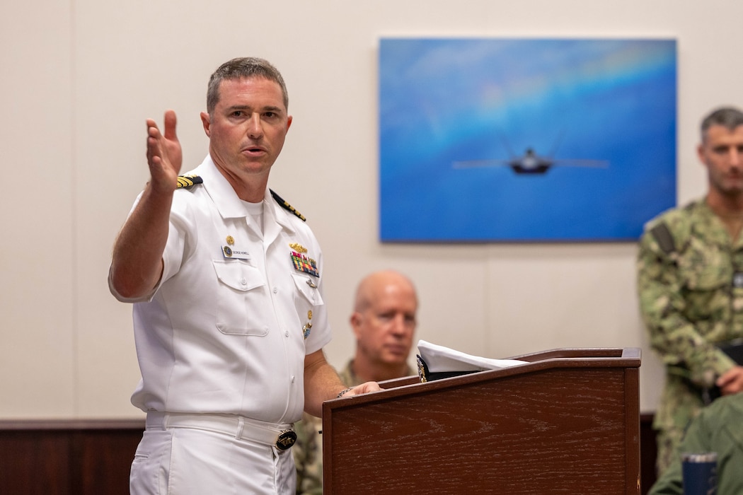 Capt. George Howell delivers remarks during the change of command ceremony for Joint Interagency Task Force-West where he assumed command of JIATF West from Rear Adm. Bob Little. (Photo by Chelsey Kaneshiro)