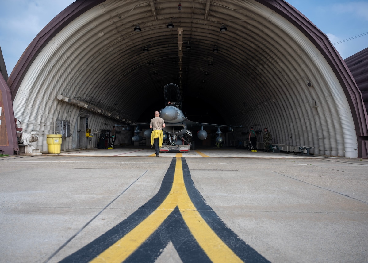 U.S. Air Force Staff Sgt. Johnny Nieves, 36th Fighter Generation Squadron dedicated crew chief, reverses an F-16 Fighting Falcon assigned to 13th Fighter Squadron into a hangar at Osan Air Base, Republic of Korea, June 26, 2025. The arrival of the upgraded F-16s brought unparalleled multi-role versatility, advanced stealth features, and superior operational range, capabilities that directly support stability and deterrence on the Korean Peninsula. (U.S. Air Force photo by Staff Sgt. Sarah Williams)