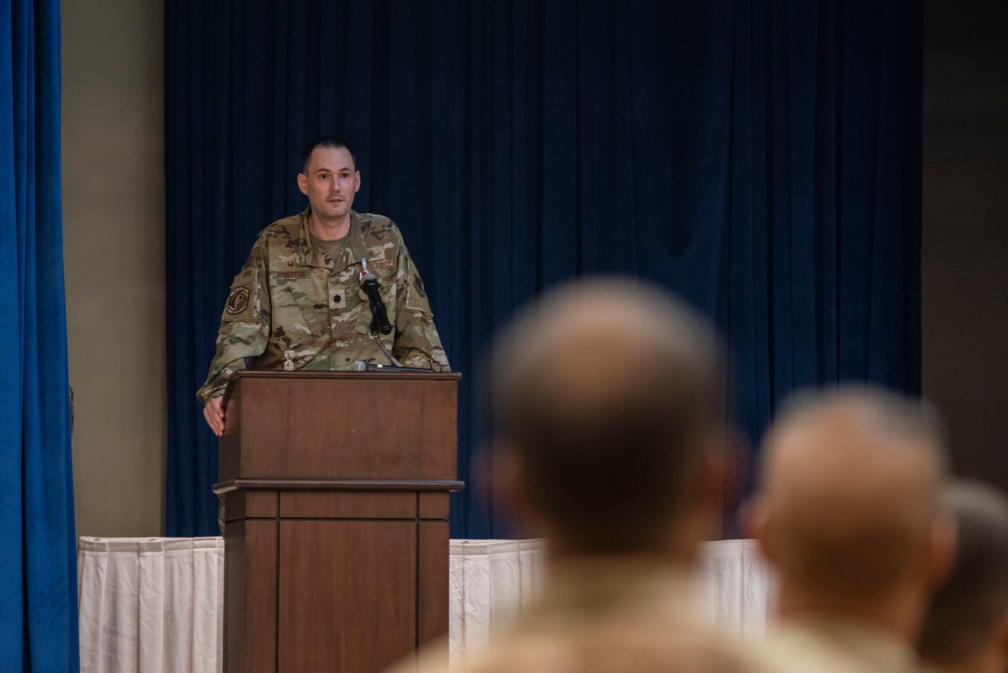 U.S. Air Force Lt. Col. Daniel Johnston, outgoing 694th Intelligence Support Squadron commander, provides remarks during the 694th ISS Change of Command ceremony at Osan Air Base, Republic of Korea, July 8, 2025.