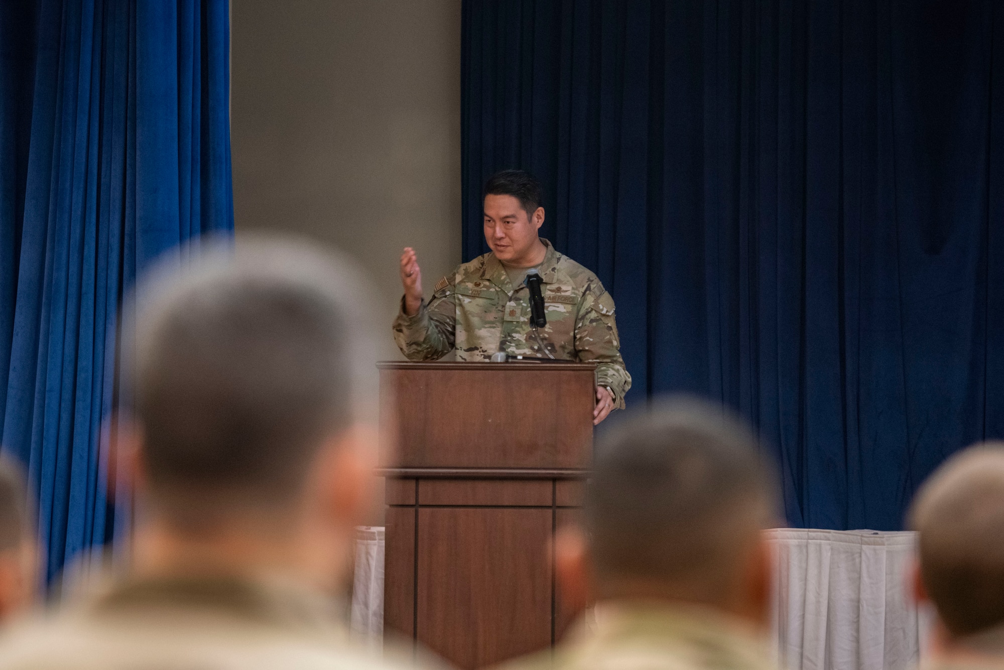 U.S. Air Force Maj. Albert Yin, incoming 694th Intelligence Support Squadron commander, provides remarks during the 694th ISS Change of Command ceremony at Osan Air Base, Republic of Korea, July 8, 2025.