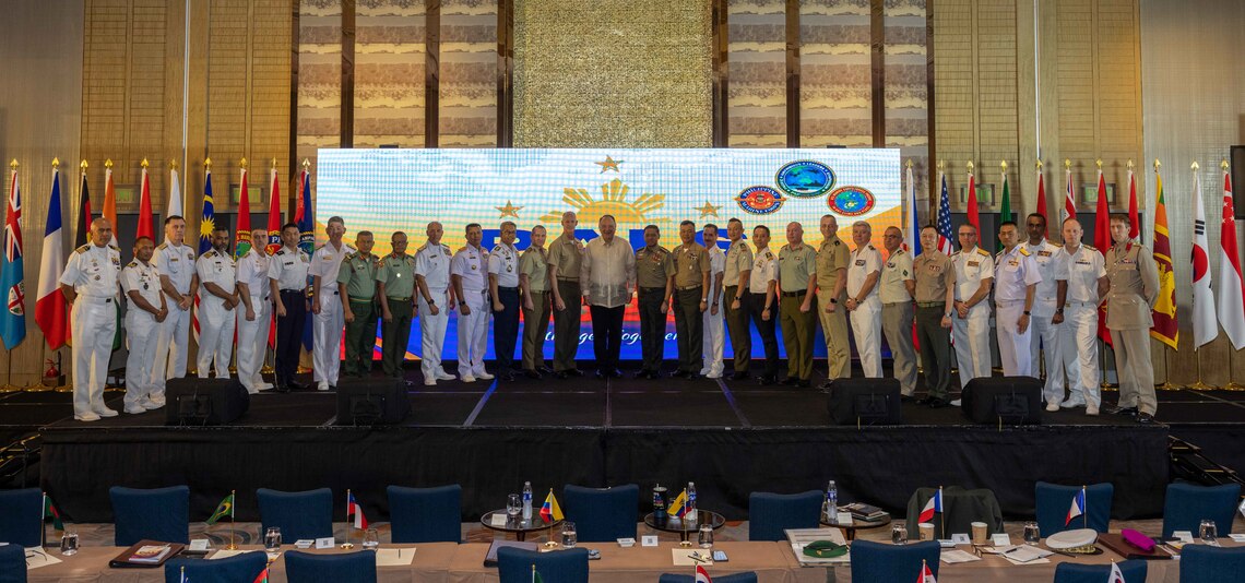 Senior leaders from across the Indo-Pacific pose for a group photo following the opening ceremony of the 11th iteration of the Pacific Amphibious Leaders Symposium, Manila, Philippines, July 8, 2025. Bringing together experts and leaders from across the Indo-Pacific, PALS fosters collaboration among Allied and partner amphibious and maritime forces to share knowledge and recent operational insights. This year’s symposium hosted senior leaders from 22 participating nations who are committed to a free and open Indo-Pacific, with the objective of strengthening and developing regional relationships. (U.S. Marine Corps photo by Lance Cpl. Roger-Junior Annoh)