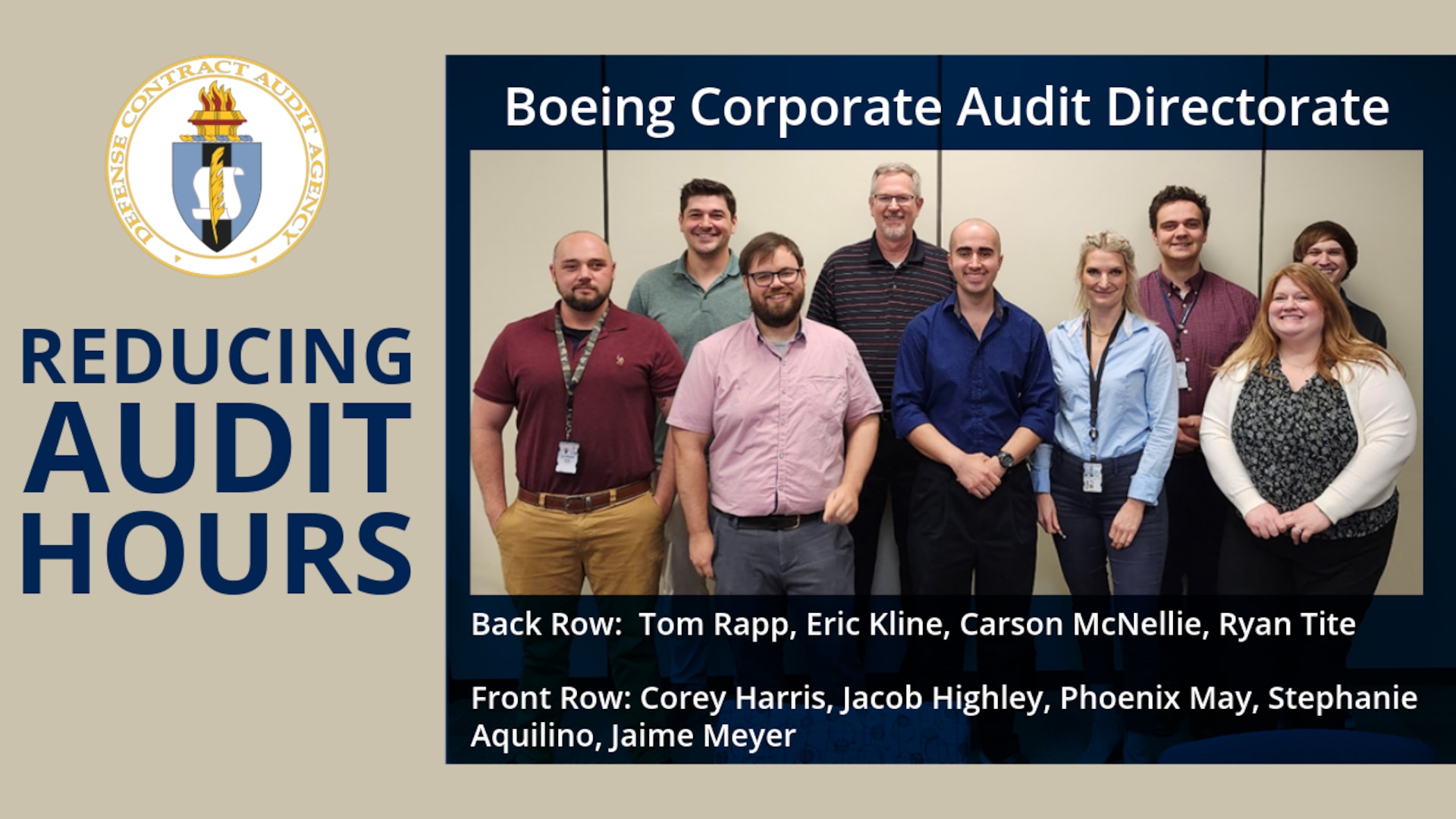 Text image with group photo.

Back Row: Tom Rapp, Eric Kline, Carson McNellie, Ryan Tite

Front Row: Corey Harris, Jacob Highley, Phoenix May, Stephanie Aquilino, Jaime Meyer