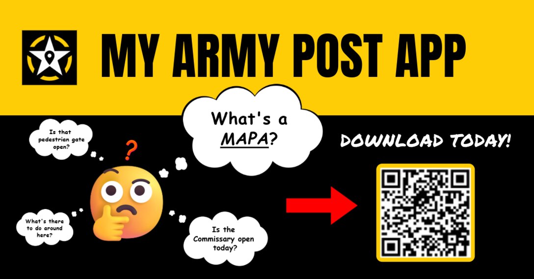 My Army Post App graphic with QR code to download the MAPA App